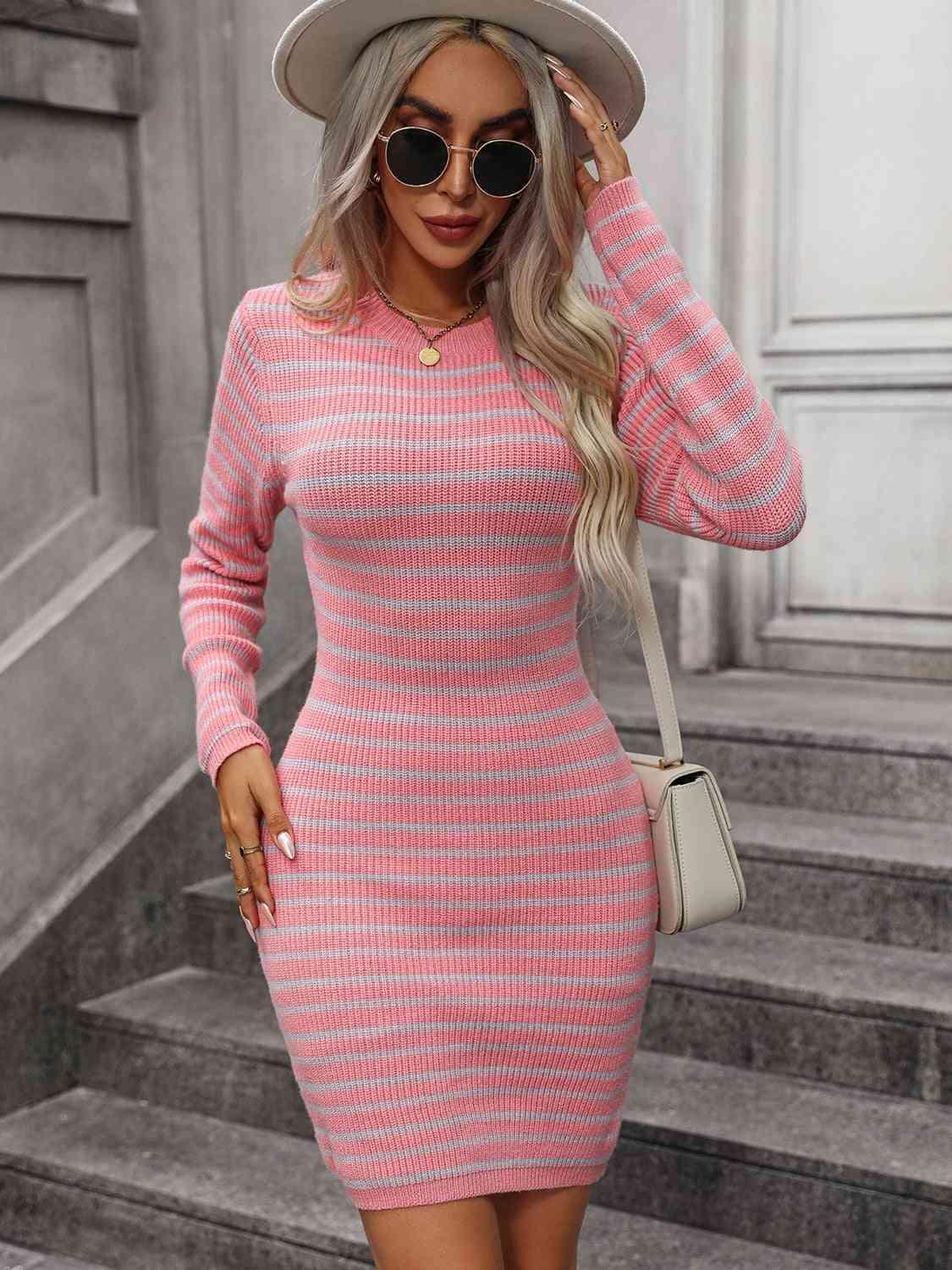 Mesmeric Warmth Striped Sweater Dress-MXSTUDIO.COM