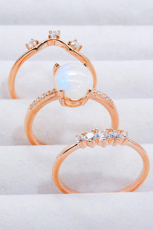 Mesmerizing Moonstone And Zircon Three Piece Ring Set - MXSTUDIO.COM