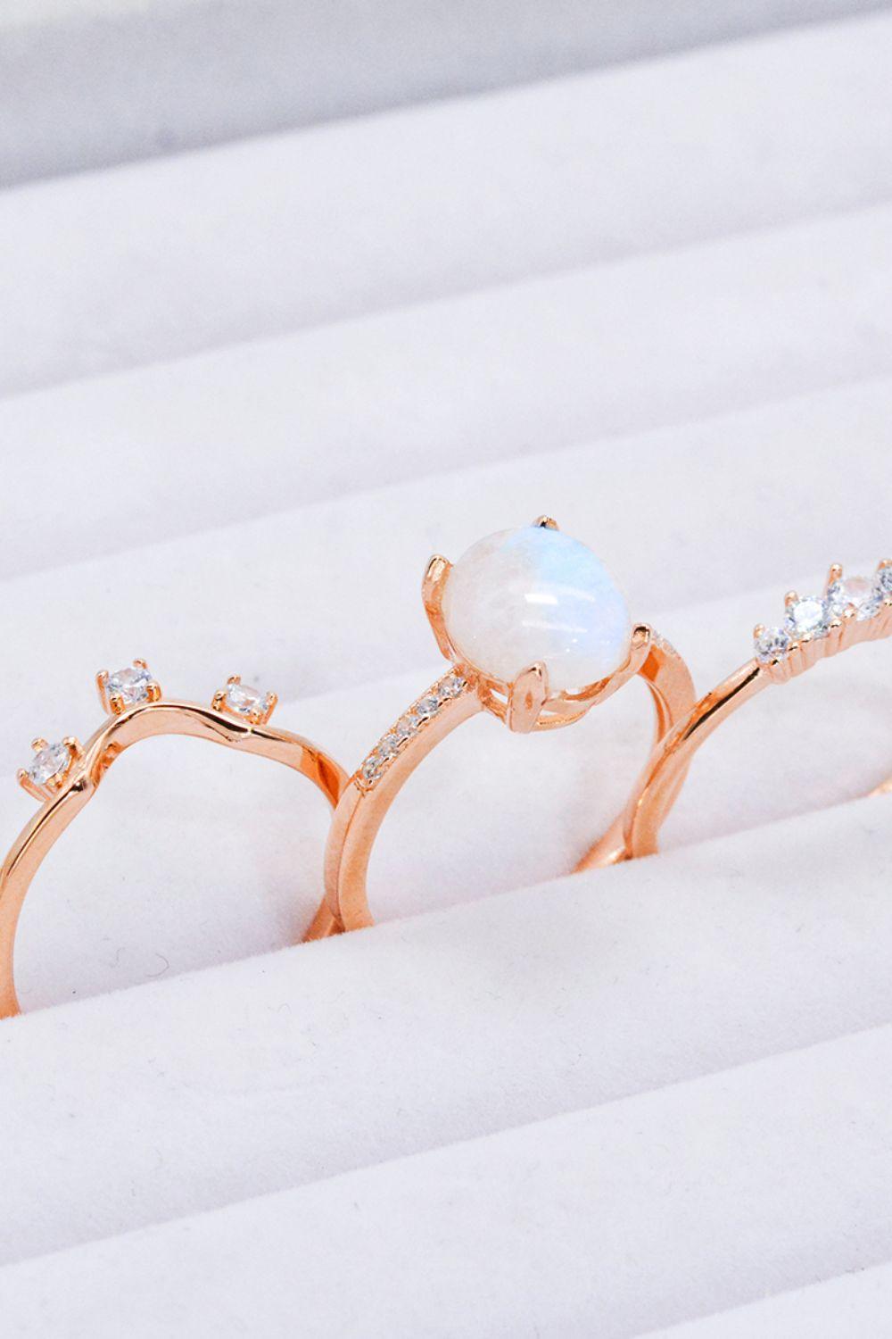 Mesmerizing Moonstone And Zircon Three Piece Ring Set - MXSTUDIO.COM