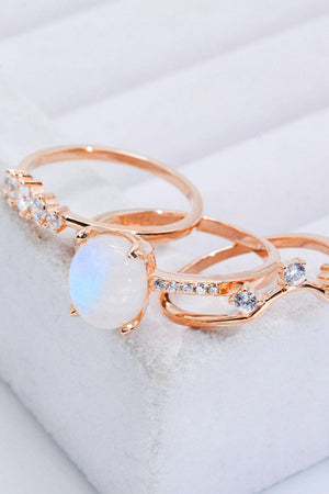 Mesmerizing Moonstone And Zircon Three Piece Ring Set - MXSTUDIO.COM