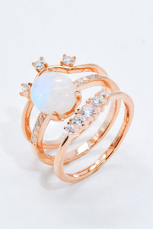 Mesmerizing Moonstone And Zircon Three Piece Ring Set - MXSTUDIO.COM