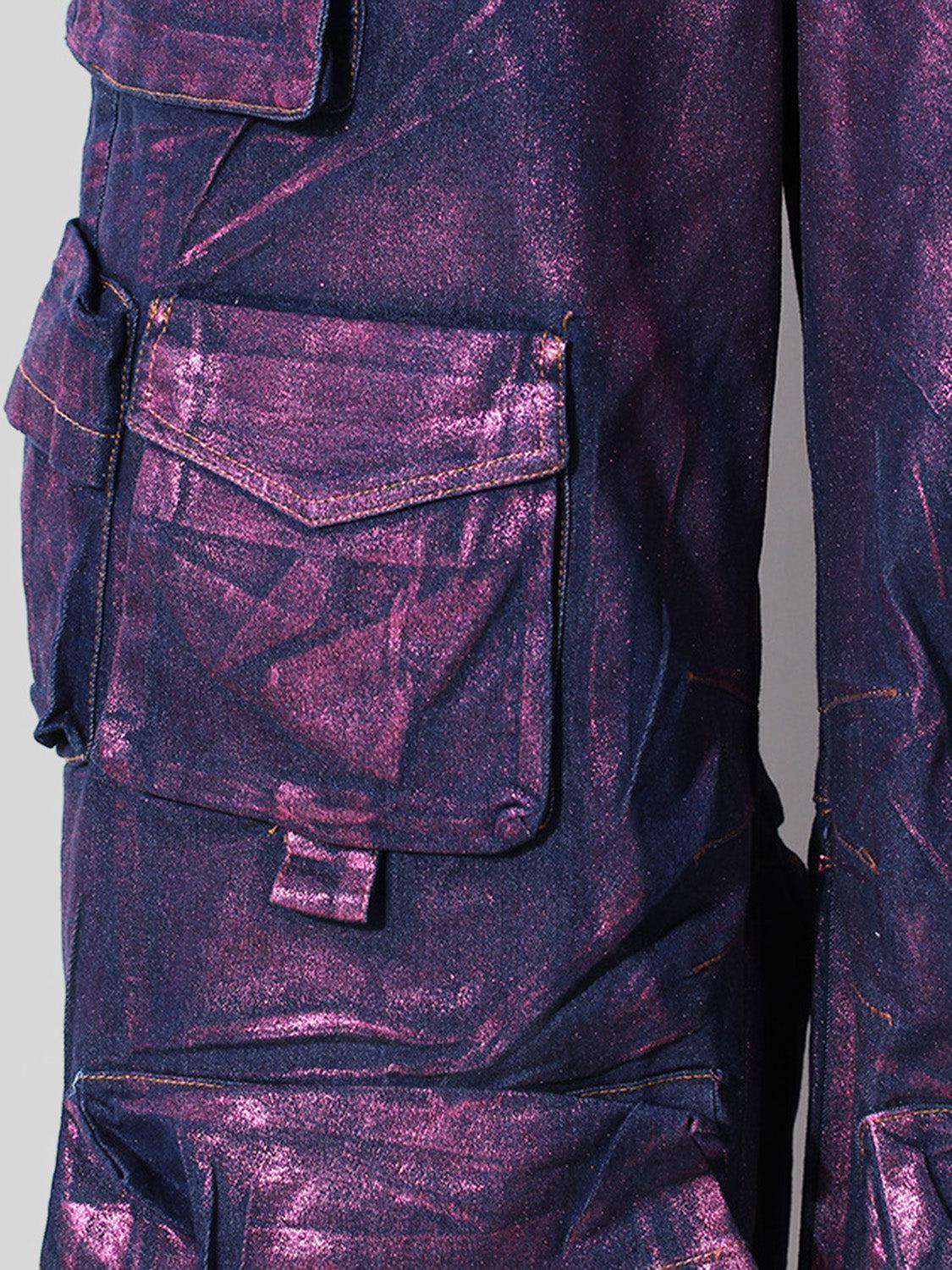 a shiny purple jacket with a pocket on the back