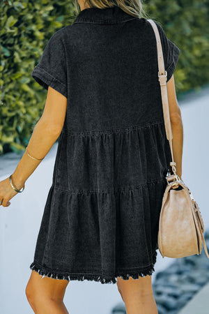 Mettlesome Frayed Hem Mini Denim Dress - MXSTUDIO.COM