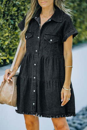 Mettlesome Frayed Hem Mini Denim Dress - MXSTUDIO.COM