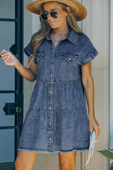 Mettlesome Frayed Hem Mini Denim Dress - MXSTUDIO.COM