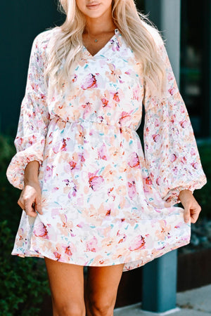 Mild Pink Floral Bubble Sleeve Dress - MXSTUDIO.COM