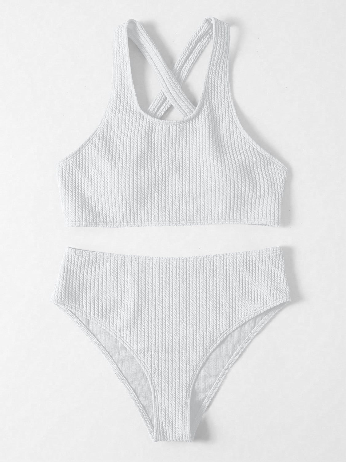 a women's white bikini top and bottom