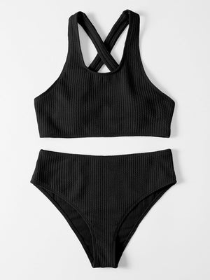 a women's black bikini top and bottom