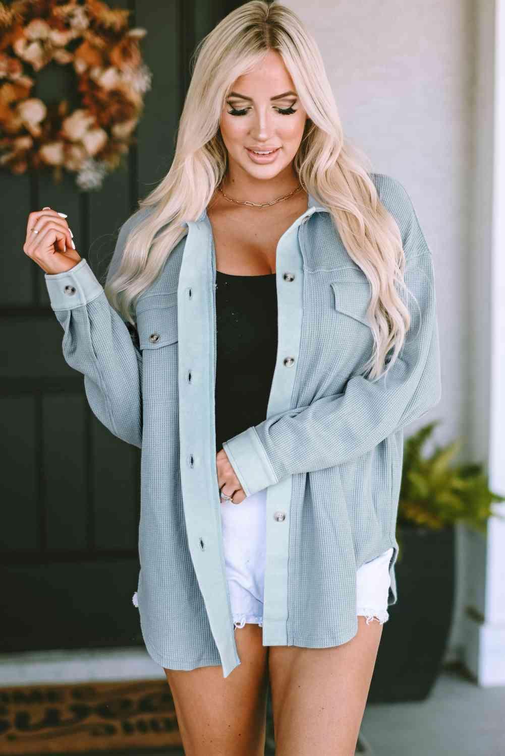 Misty Blue Button Down Drop Shoulder Jacket - MXSTUDIO.COM