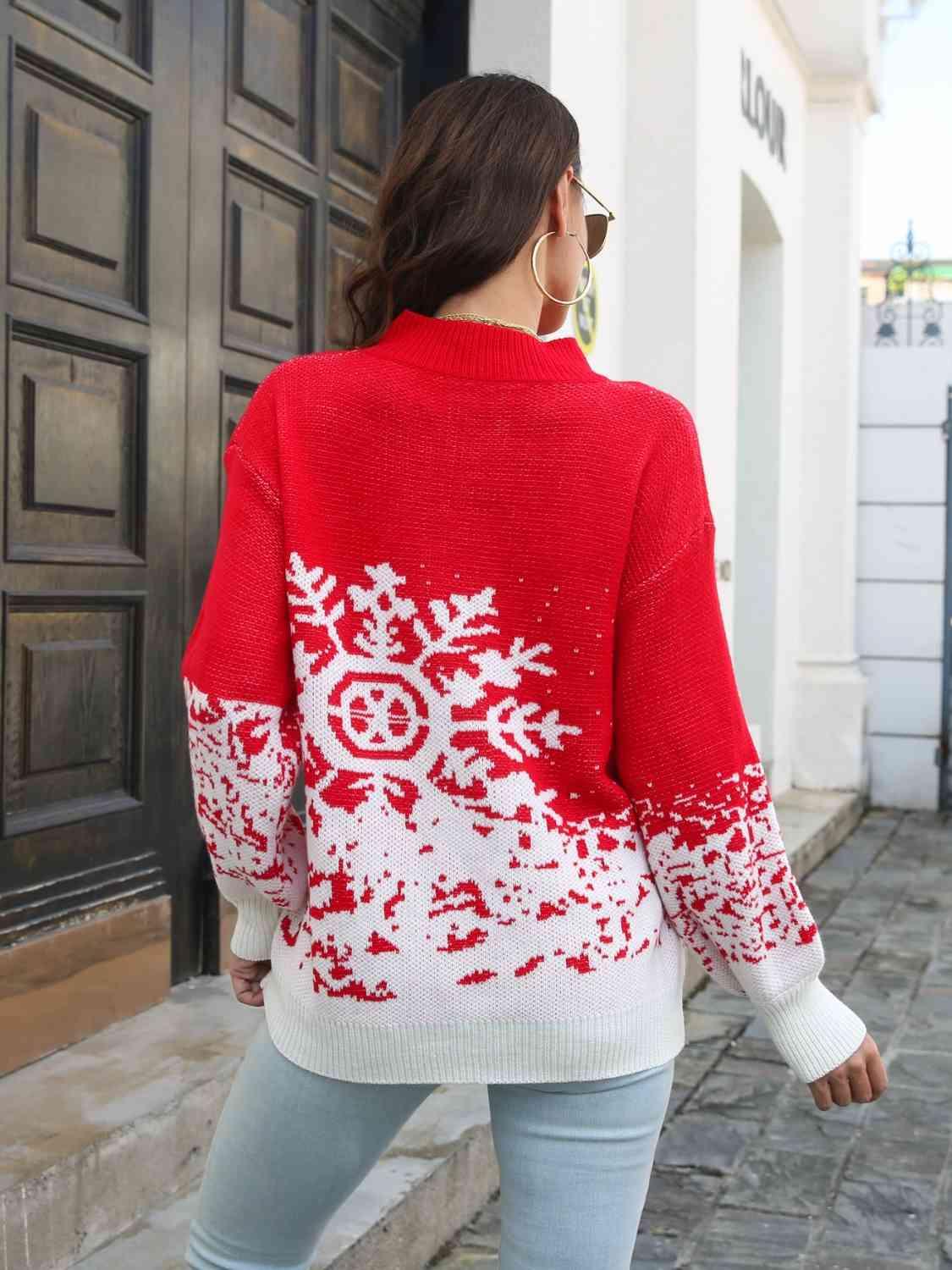 Mock Neck Snowflake Christmas Sweater-MXSTUDIO.COM