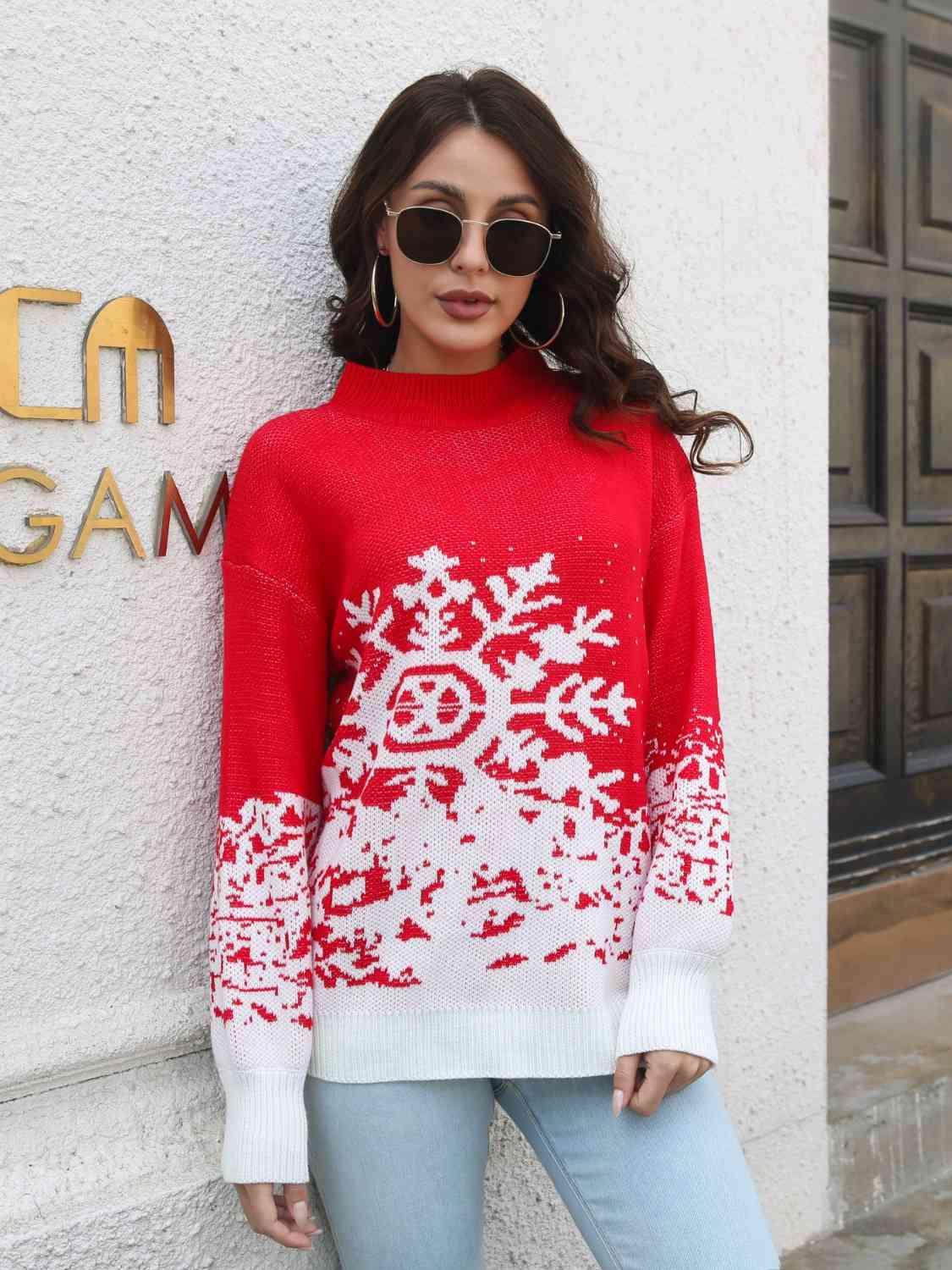 Mock Neck Snowflake Christmas Sweater-MXSTUDIO.COM