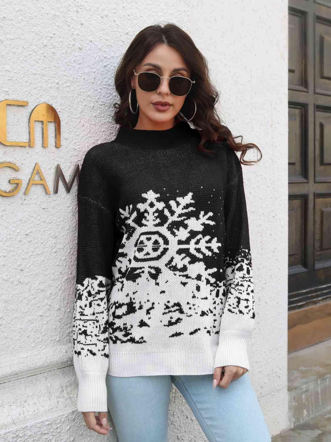 Mock Neck Snowflake Christmas Sweater-MXSTUDIO.COM