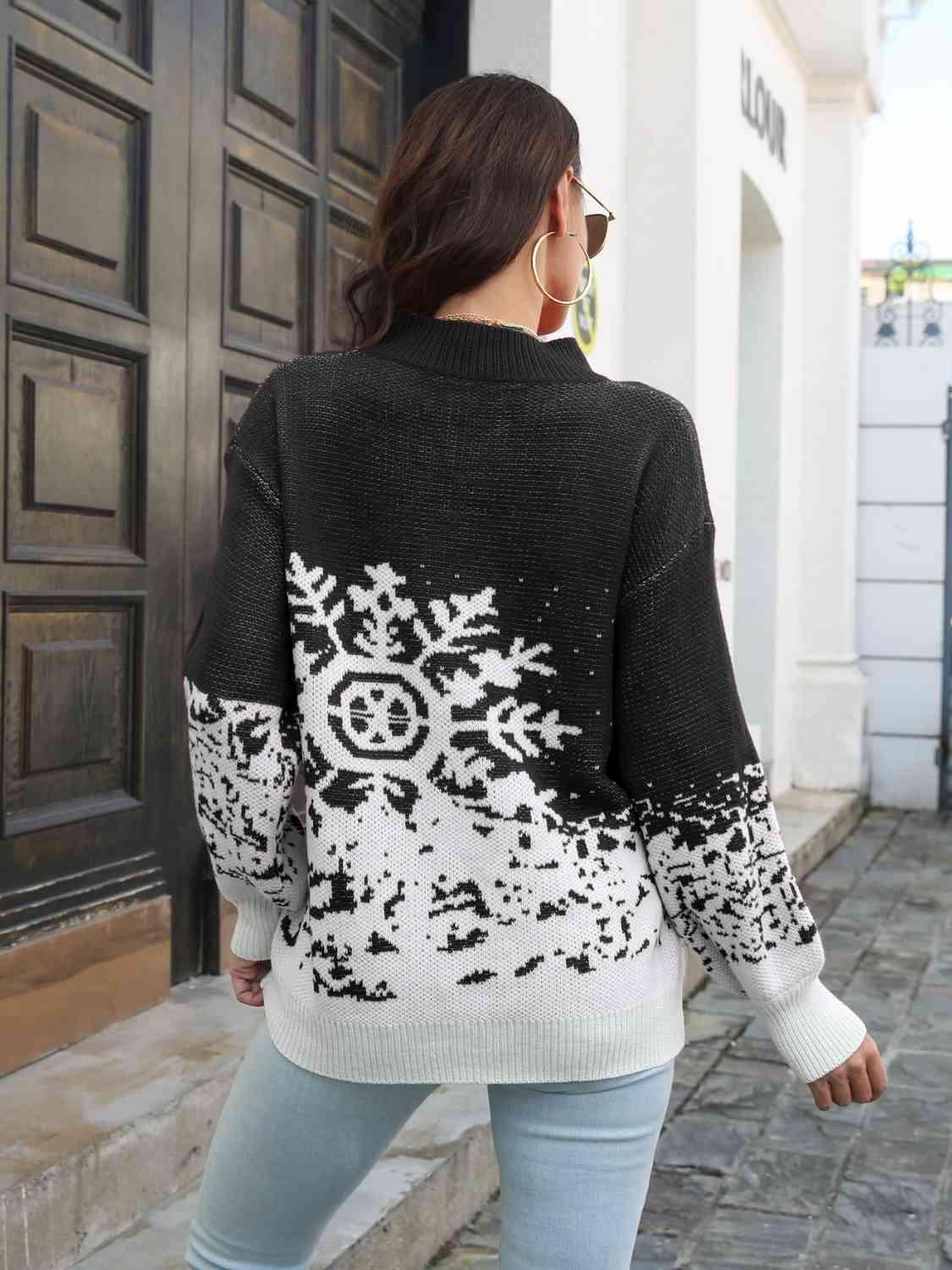 Mock Neck Snowflake Christmas Sweater-MXSTUDIO.COM