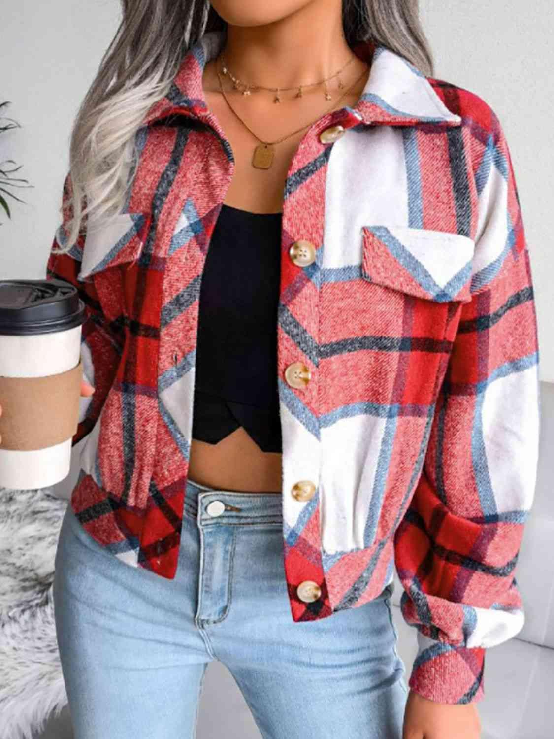 Modern Retro Collared Buttoned Plaid Jacket-MXSTUDIO.COM