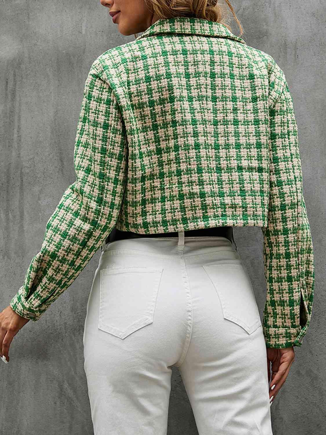 Modern Warmth Button Front Plaid Cropped Jacket-MXSTUDIO.COM