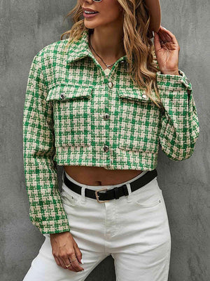 Modern Warmth Button Front Plaid Cropped Jacket-MXSTUDIO.COM