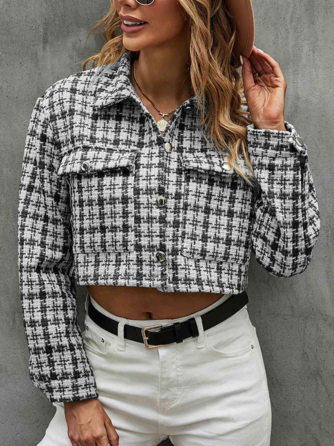 Modern Warmth Button Front Plaid Cropped Jacket-MXSTUDIO.COM