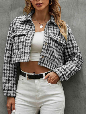 Modern Warmth Button Front Plaid Cropped Jacket-MXSTUDIO.COM