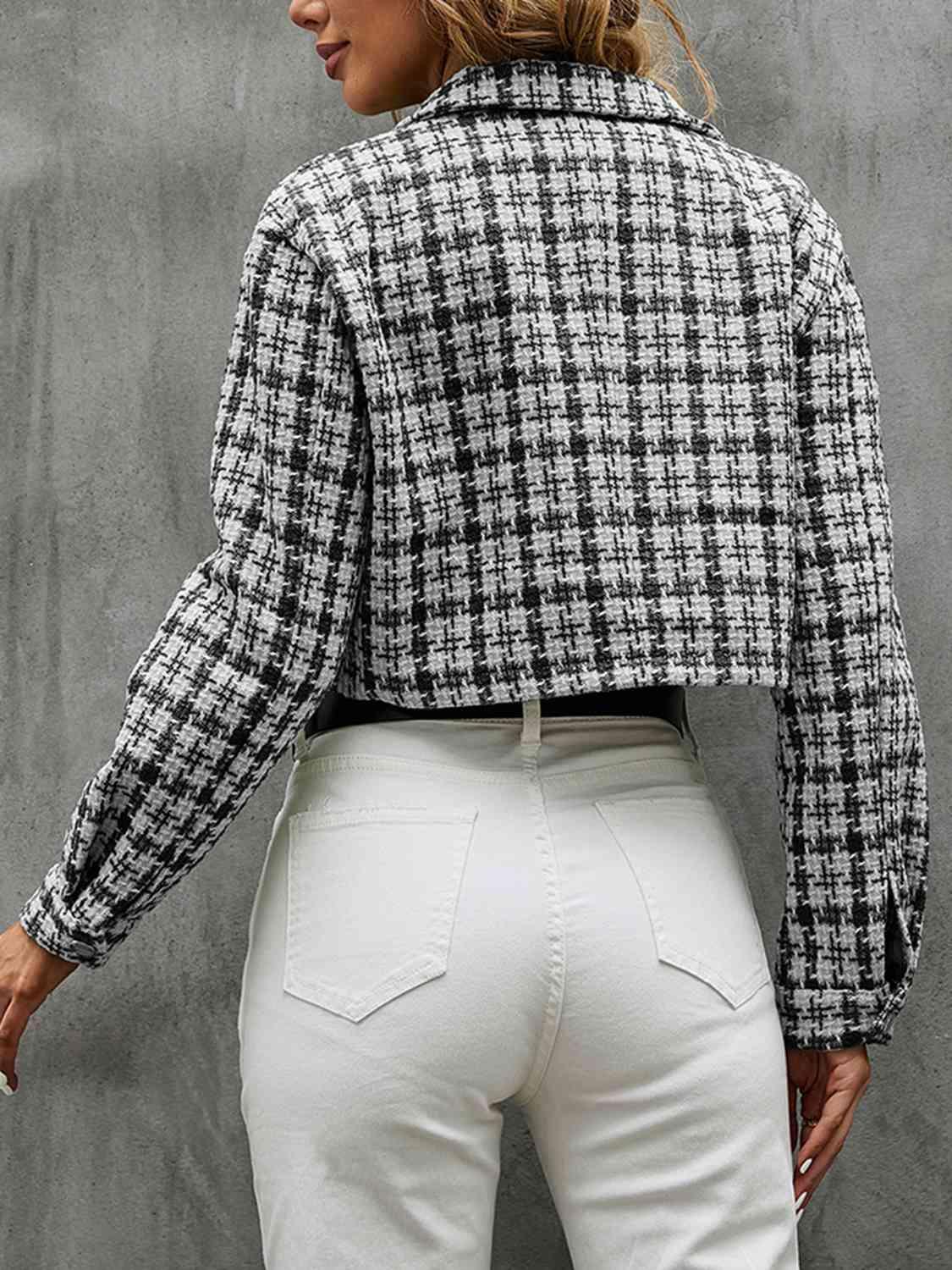 Modern Warmth Button Front Plaid Cropped Jacket-MXSTUDIO.COM