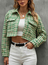 Modern Warmth Button Front Plaid Cropped Jacket-MXSTUDIO.COM