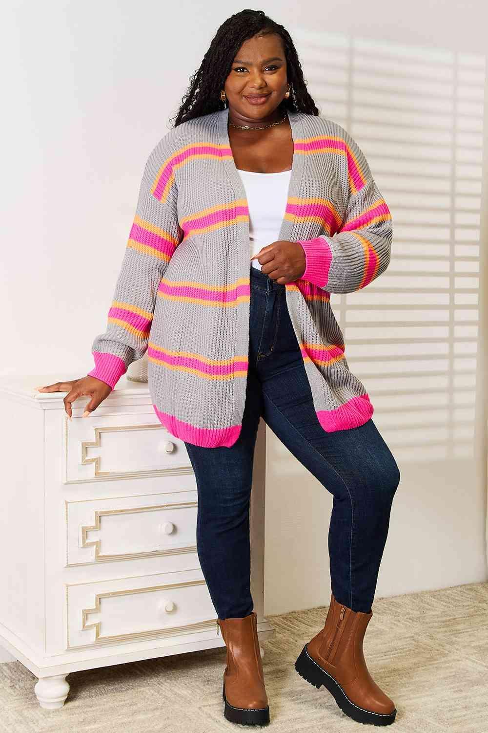 Modernistic Ribbed Long Sleeve Striped Cardigan-MXSTUDIO.COM