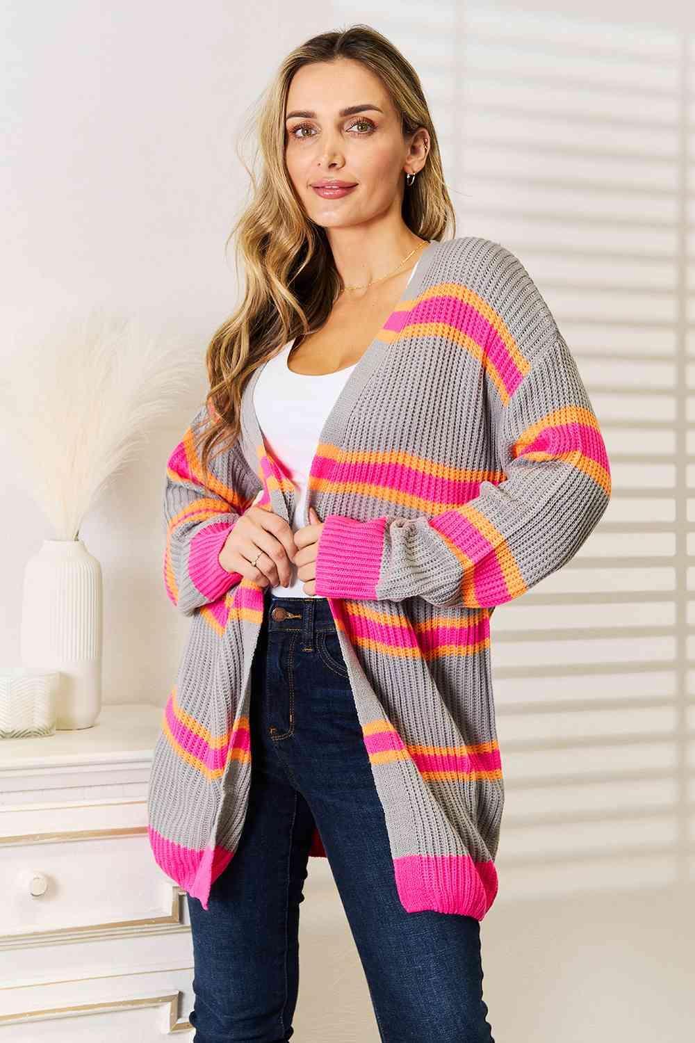 Modernistic Ribbed Long Sleeve Striped Cardigan-MXSTUDIO.COM