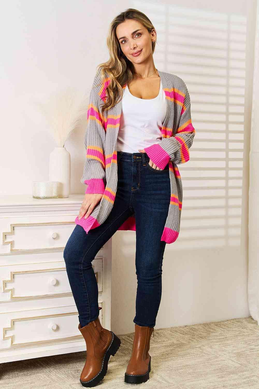 Modernistic Ribbed Long Sleeve Striped Cardigan-MXSTUDIO.COM