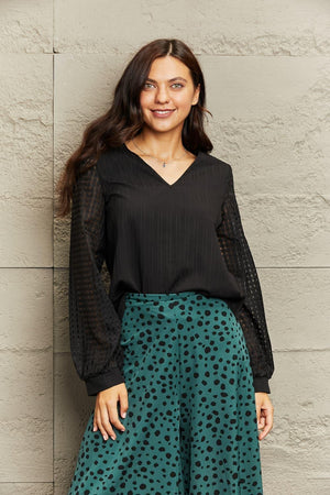 Modest V-Neck Long Sleeve Black Blouse - MXSTUDIO.COM