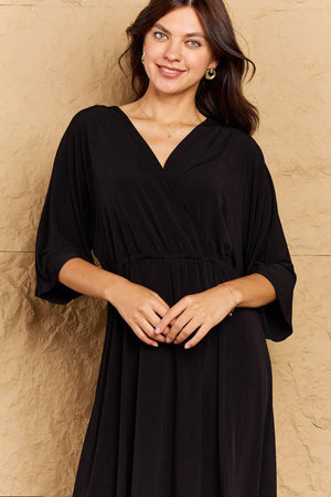 Modestly Chic Surplice Neck Black A Line Midi Dress - MXSTUDIO.COM