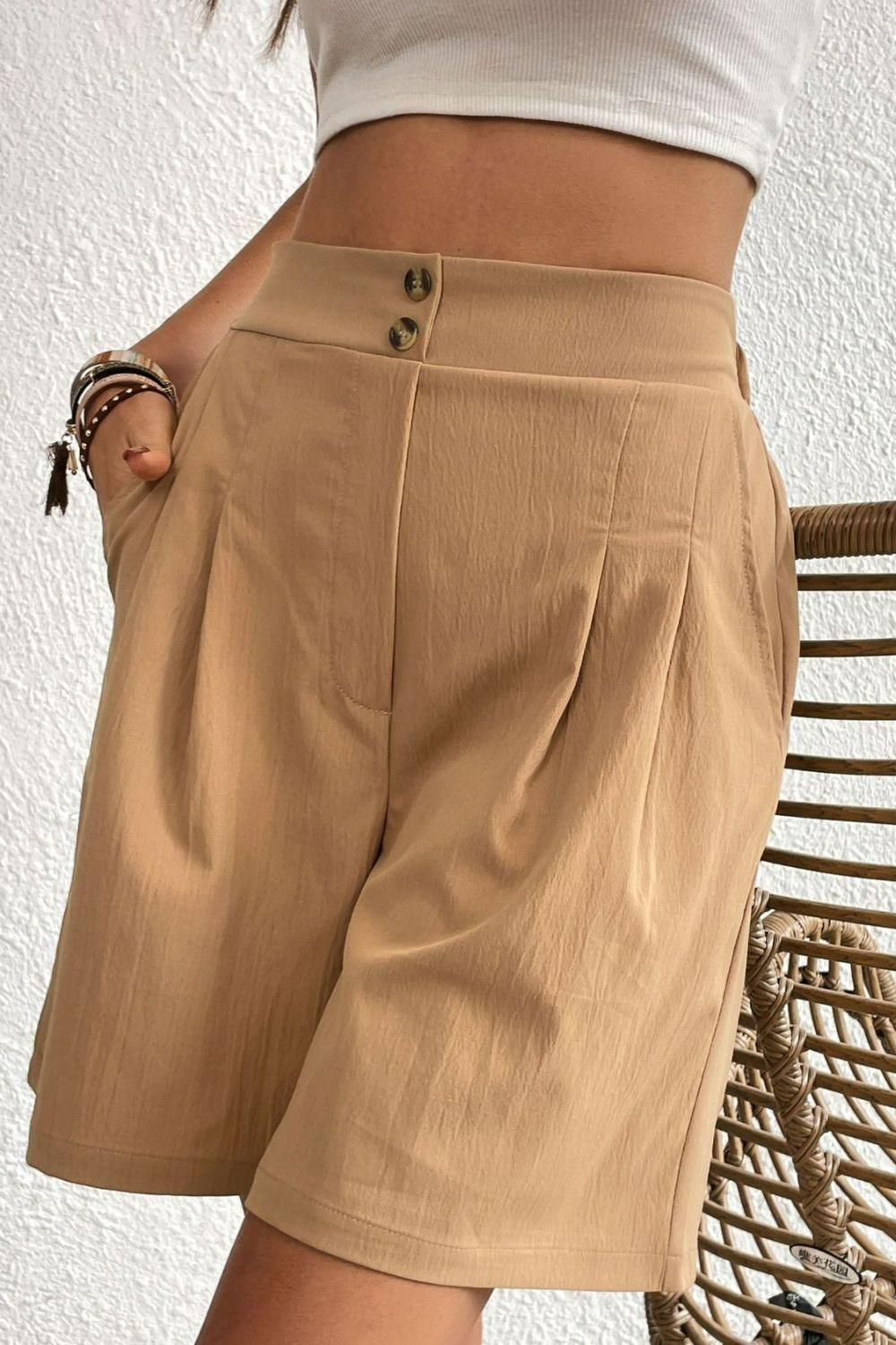 Modish Buttoned Wide Leg Pleated Shorts - MXSTUDIO.COM