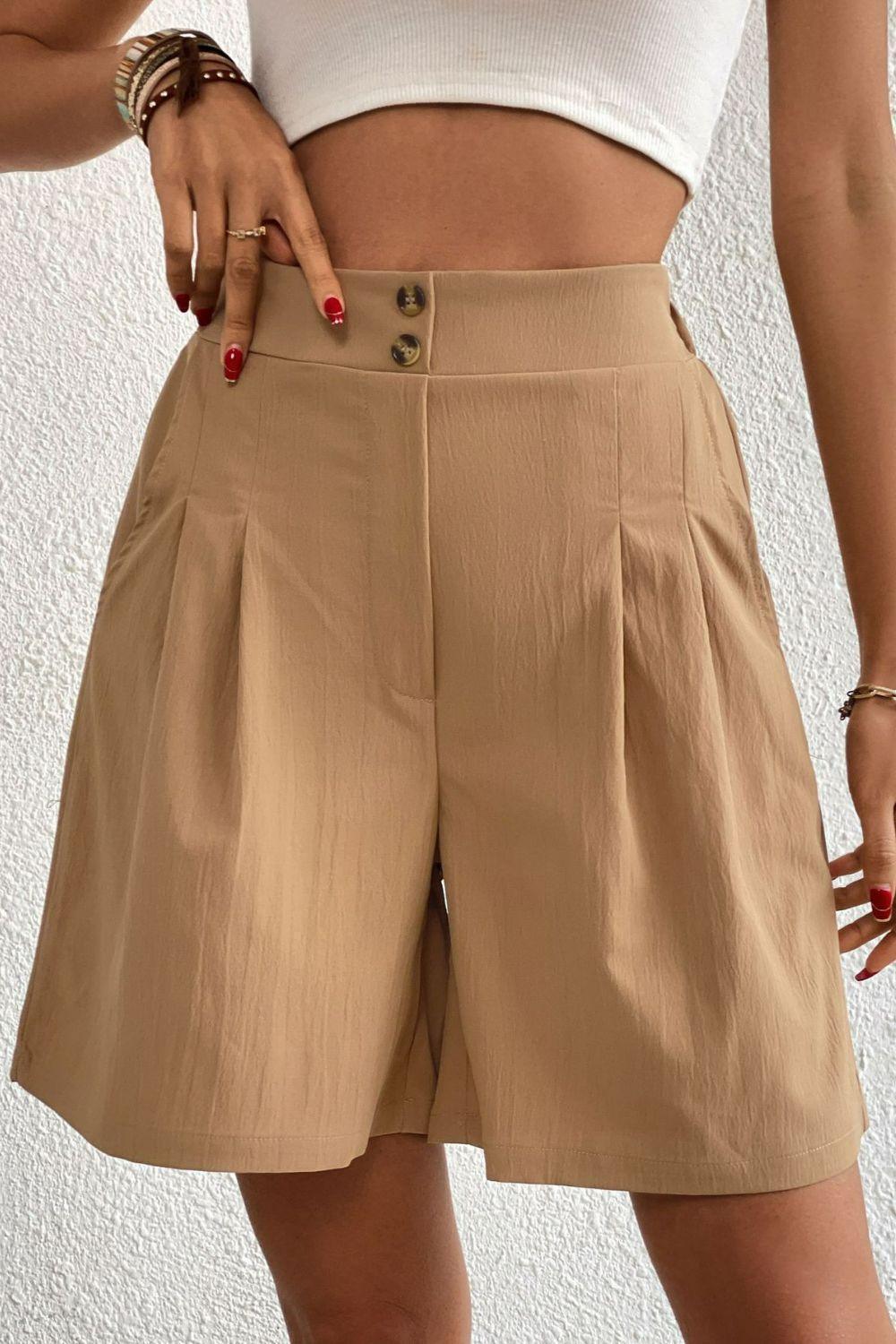 Modish Buttoned Wide Leg Pleated Shorts - MXSTUDIO.COM