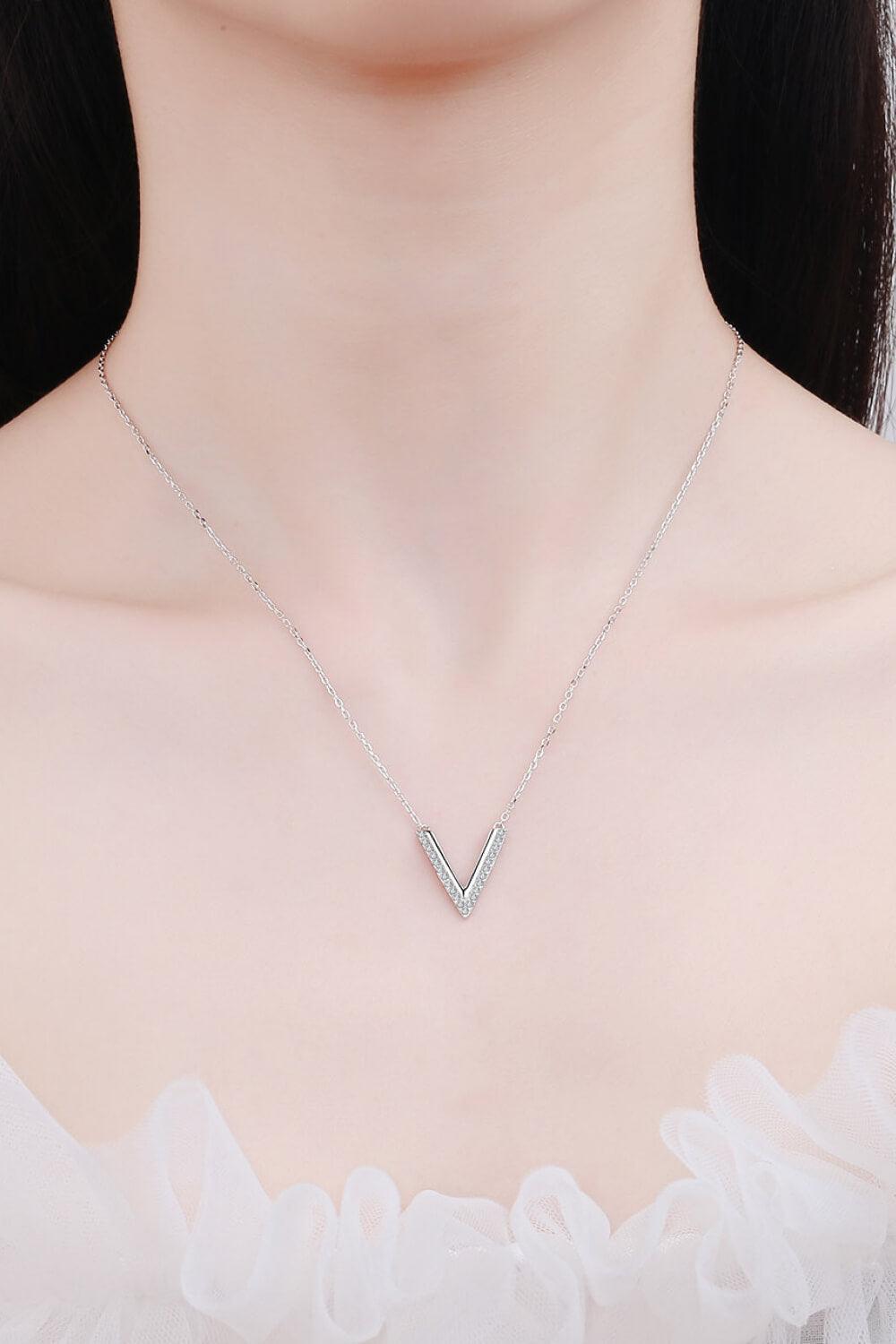 Moissanite Encrusted V Pendant Sterling Silver Necklace - MXSTUDIO.COM