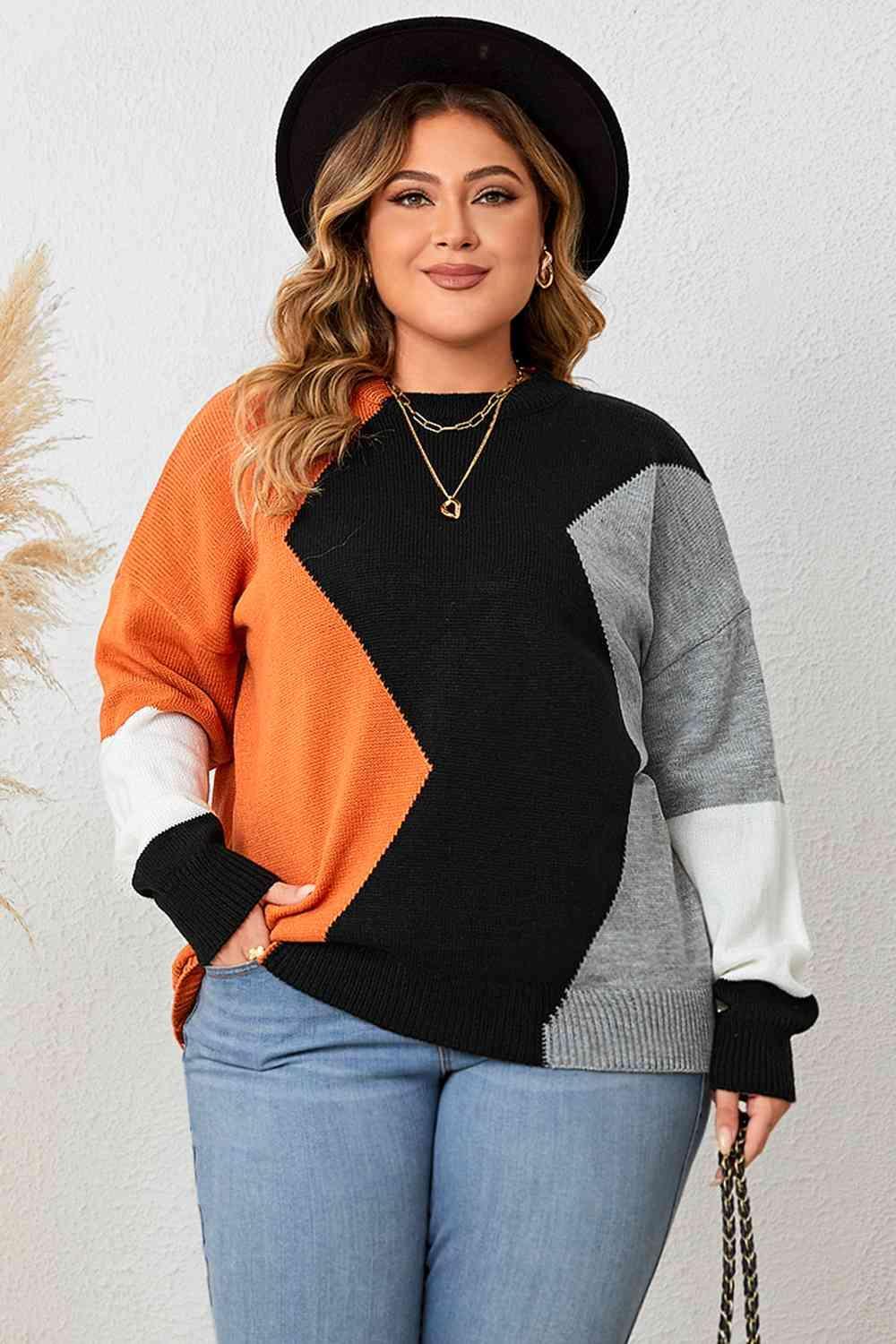 Motivated Knitted Plus Size Color Block Top - MXSTUDIO.COM