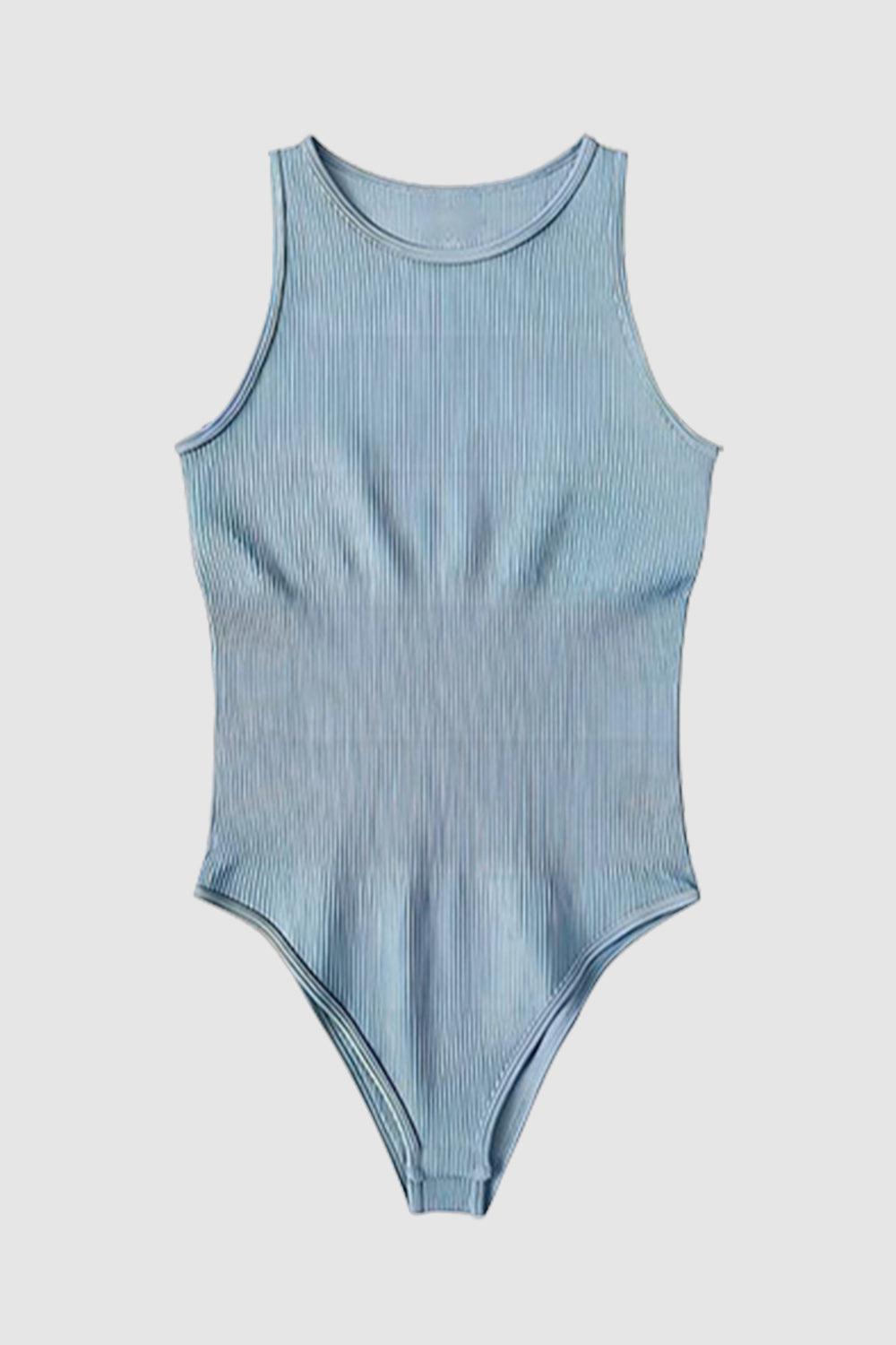 a baby blue bodysuit with a ribbing pattern