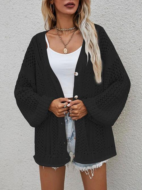 Multi-Season Lantern Sleeve Open Knit Cardigan-MXSTUDIO.COM