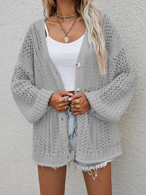 Multi-Season Lantern Sleeve Open Knit Cardigan-MXSTUDIO.COM