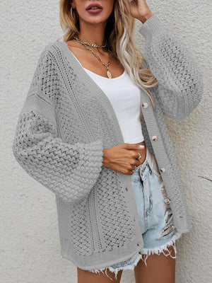 Multi-Season Lantern Sleeve Open Knit Cardigan-MXSTUDIO.COM