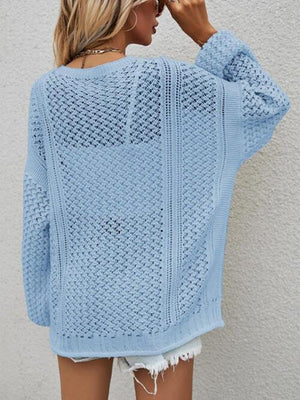 Multi-Season Lantern Sleeve Open Knit Cardigan-MXSTUDIO.COM