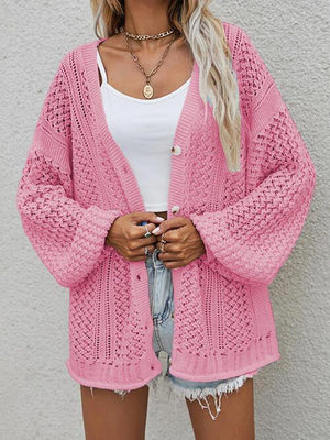 Multi-Season Lantern Sleeve Open Knit Cardigan-MXSTUDIO.COM