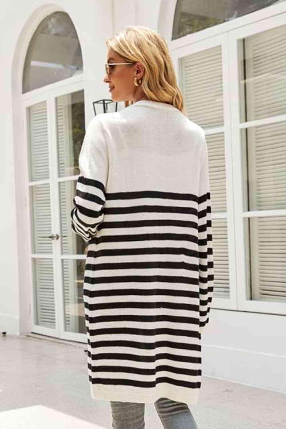 Multi Season Open Front Long Striped Cardigan - MXSTUDIO.COM