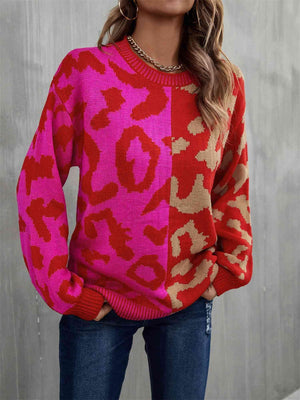 Multicolor Crew Neck Leopard Print Sweater-MXSTUDIO.COM