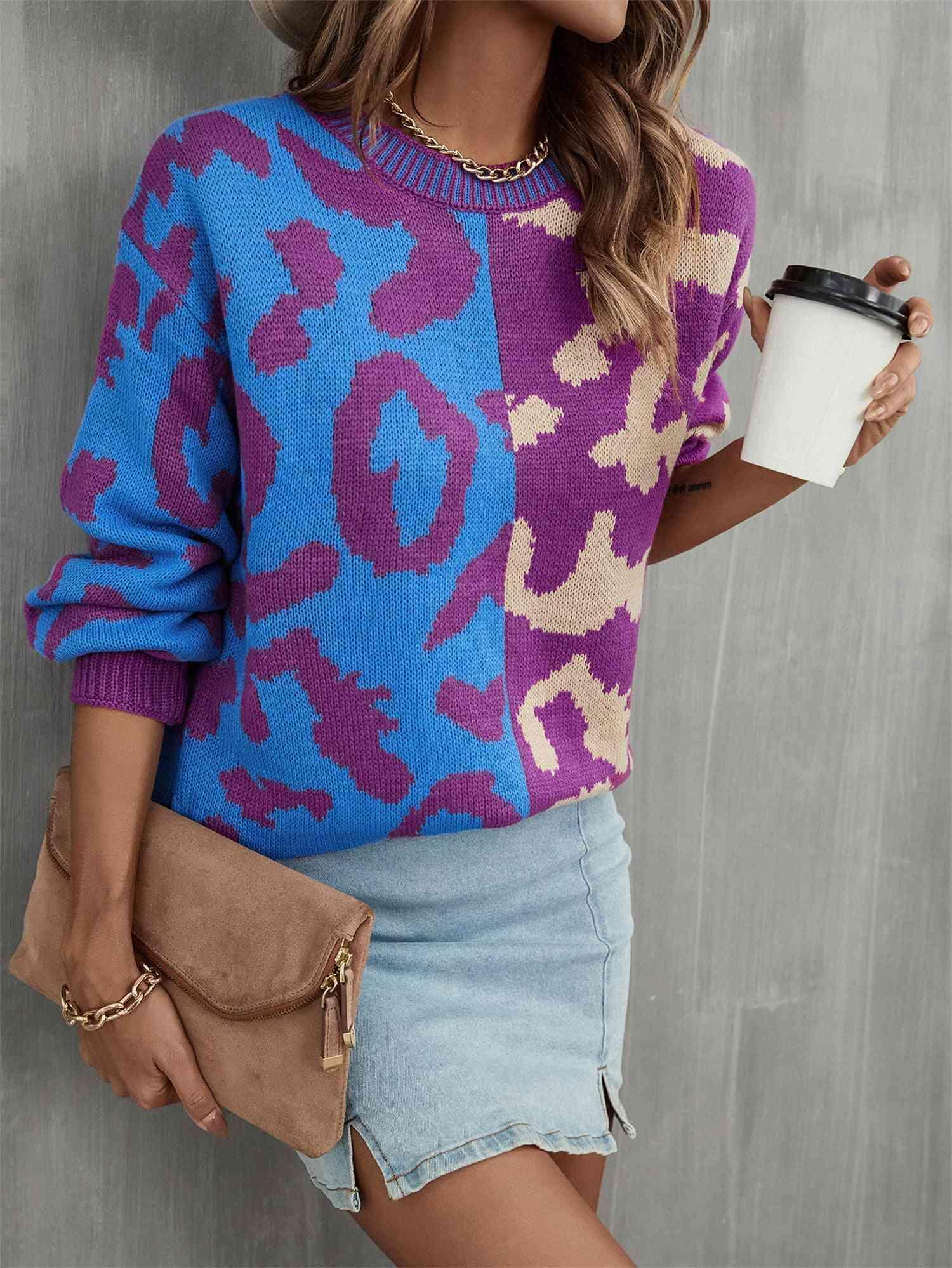 Multicolor Crew Neck Leopard Print Sweater-MXSTUDIO.COM