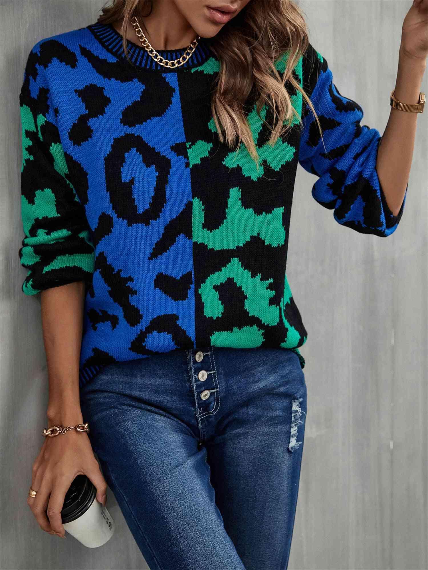 Multicolor Crew Neck Leopard Print Sweater-MXSTUDIO.COM