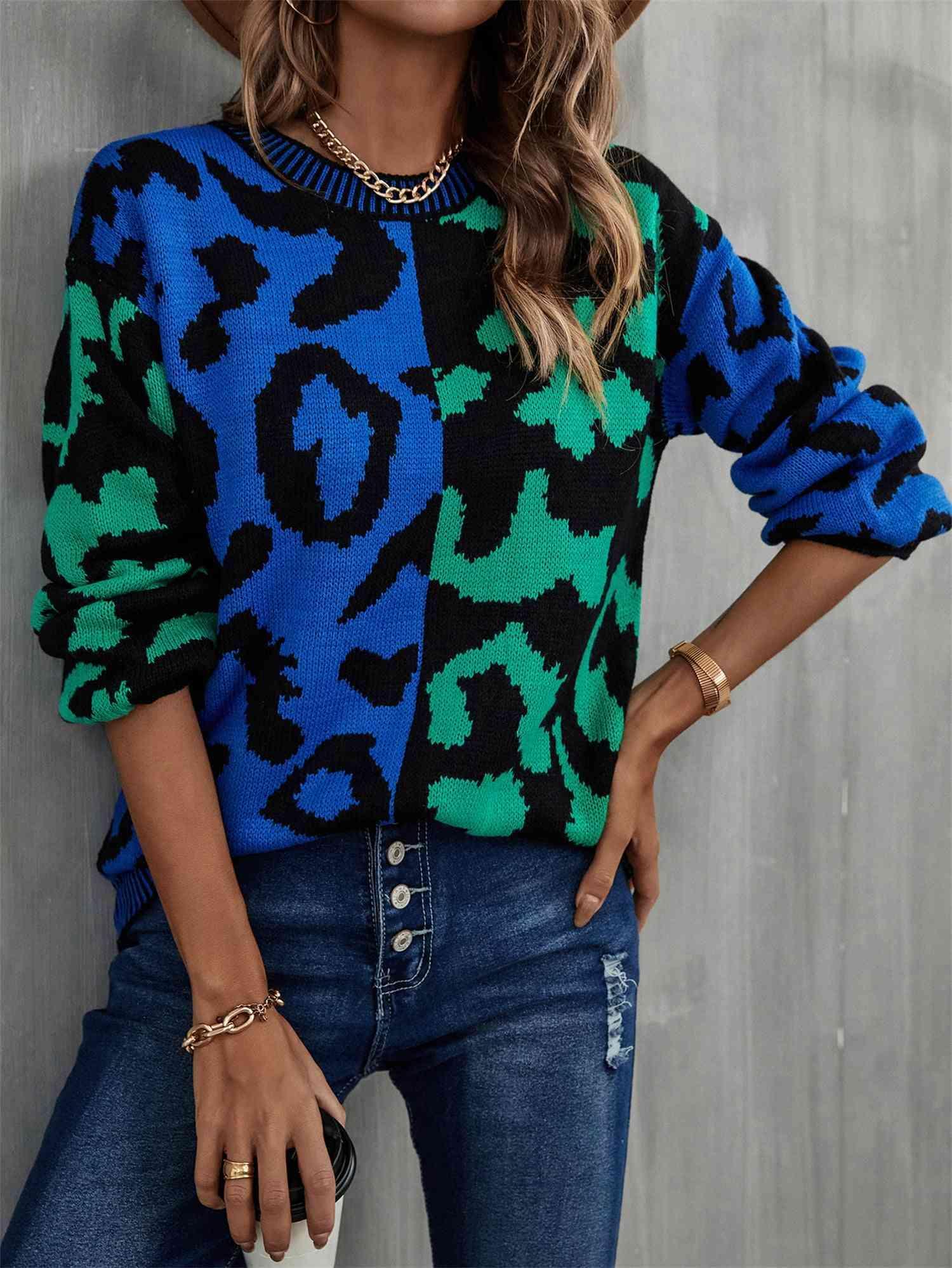 Multicolor Crew Neck Leopard Print Sweater-MXSTUDIO.COM