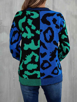 Multicolor Crew Neck Leopard Print Sweater-MXSTUDIO.COM