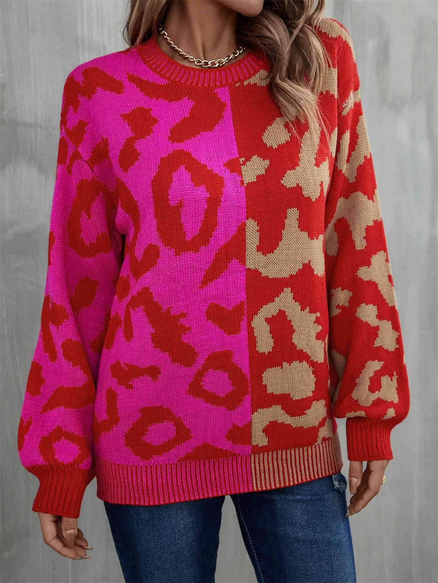 Multicolor Crew Neck Leopard Print Sweater-MXSTUDIO.COM