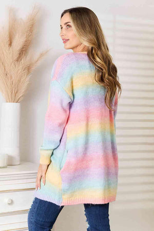 Multicolored Gradient Longline Open Front Cardigan-MXSTUDIO.COM