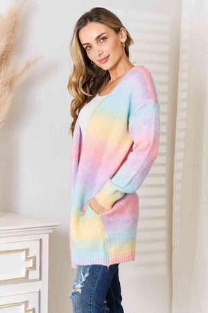 Multicolored Gradient Longline Open Front Cardigan-MXSTUDIO.COM