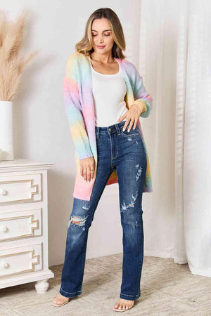 Multicolored Gradient Longline Open Front Cardigan-MXSTUDIO.COM