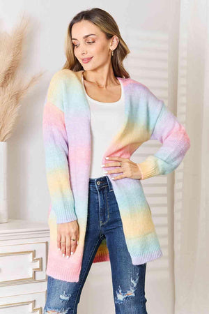 Multicolored Gradient Longline Open Front Cardigan-MXSTUDIO.COM